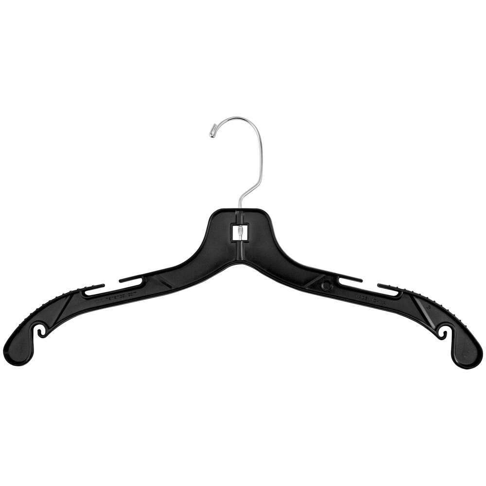 17" Black Plastic Middle Heavy-Weight Shirt Hanger with Chrome Hook and Molded Rubber Grippers - 100/Pack