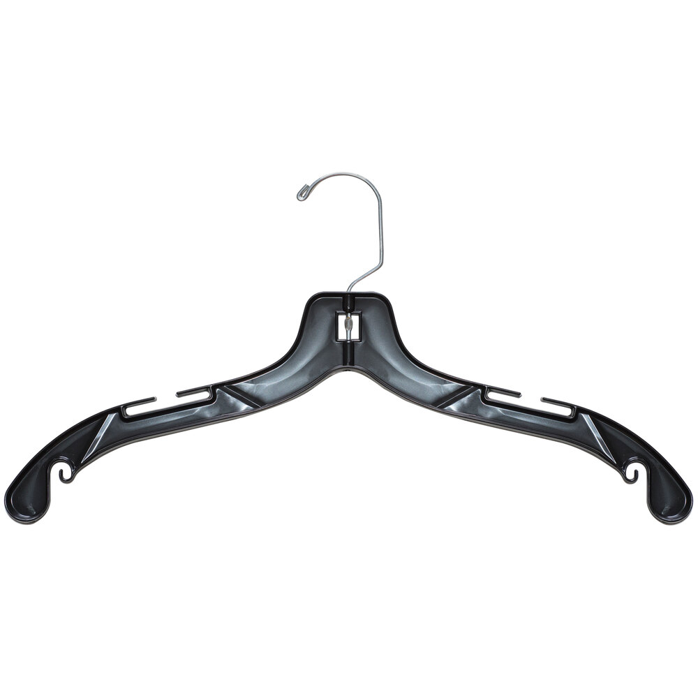 17" Black Plastic Middle Heavy-Weight Shirt Hanger with Chrome Hook - 100/Pack