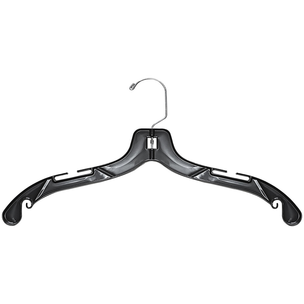 17" Black Plastic Medium-Weight Shirt Hanger with Chrome Hook - 100/Pack