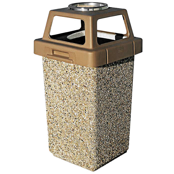 Wausau Tile TF1009 30 Gallon Concrete Square Outdoor Trash Can with Plastic 4-Way Lid and Ashtray