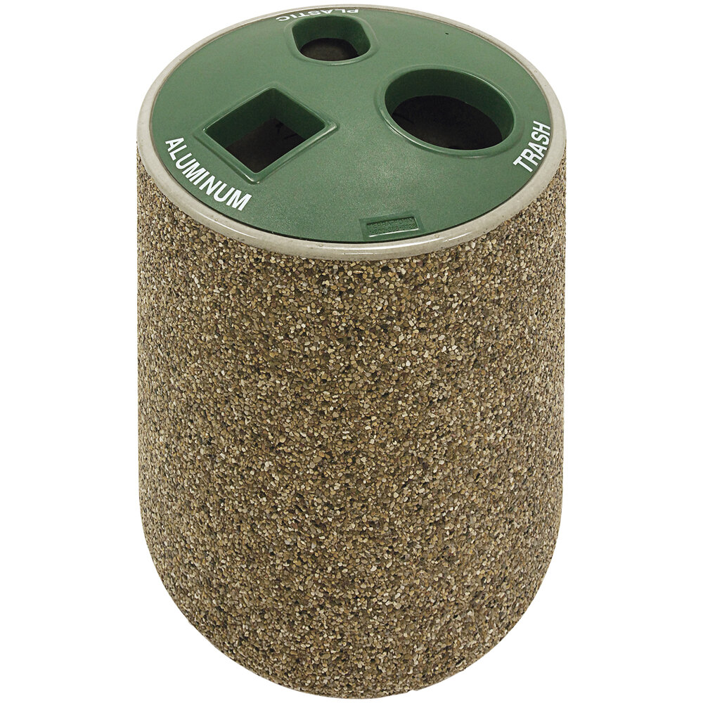 Wausau Tile TF1221 30 Gallon Concrete Round Recycling Station with 3-Hole Plastic Lid