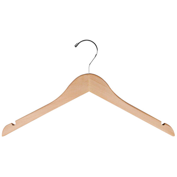 17" Natural Gloss Flat Wooden Shirt Hanger with Chrome Hook - 100/Pack