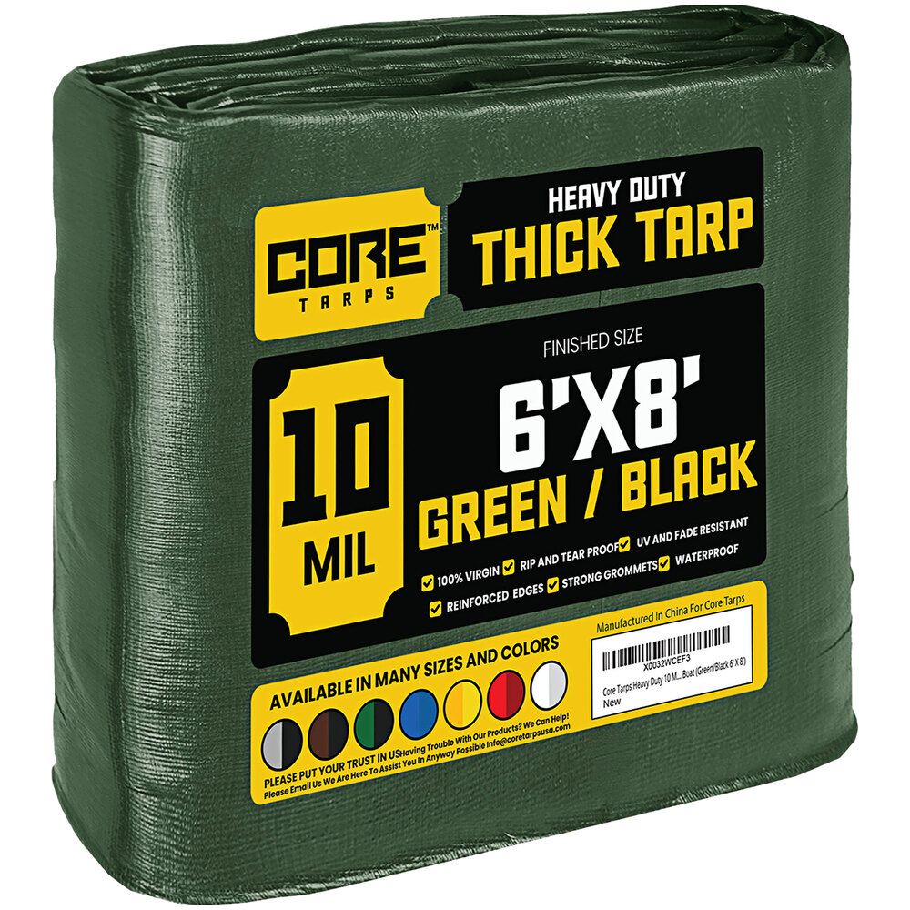 Core Tarps 6' x 8' Green / Black Heavy-Duty Weatherproof 10 Mil Poly Tarp with Reinforced Edges