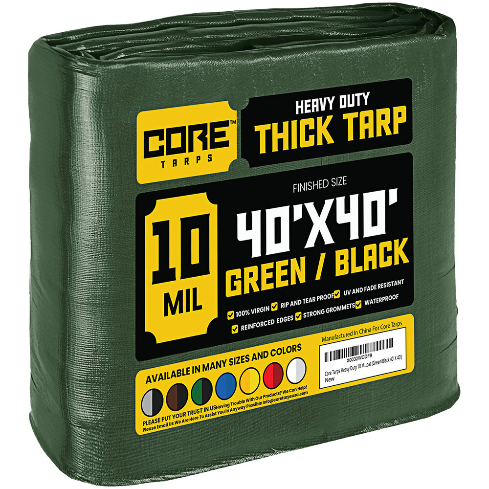Core Tarps 40' x 40' Green / Black Heavy-Duty Weatherproof 10 Mil Poly Tarp with Reinforced Edges