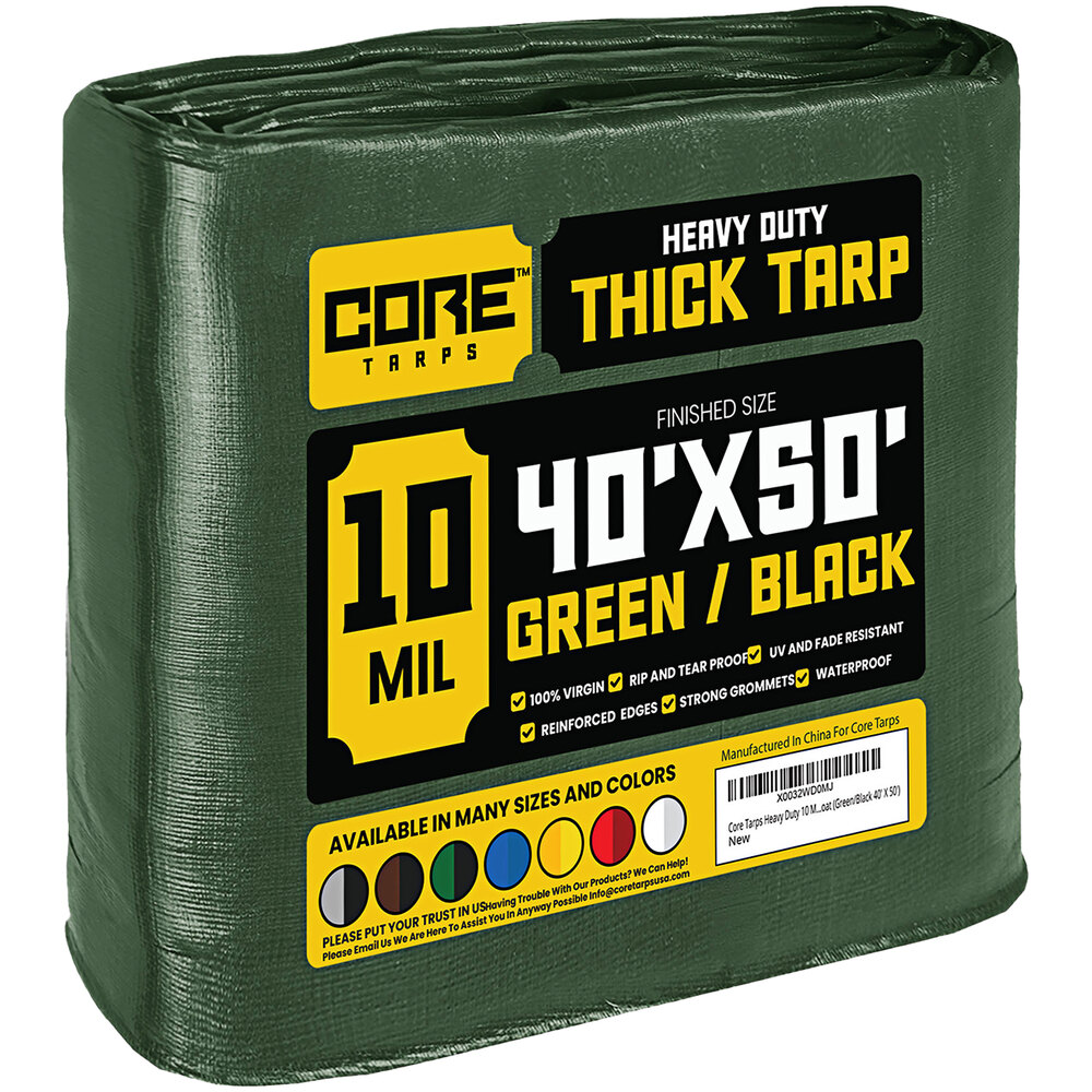 Core Tarps 40' x 50' Green / Black Heavy-Duty Weatherproof 10 Mil Poly Tarp with Reinforced Edges