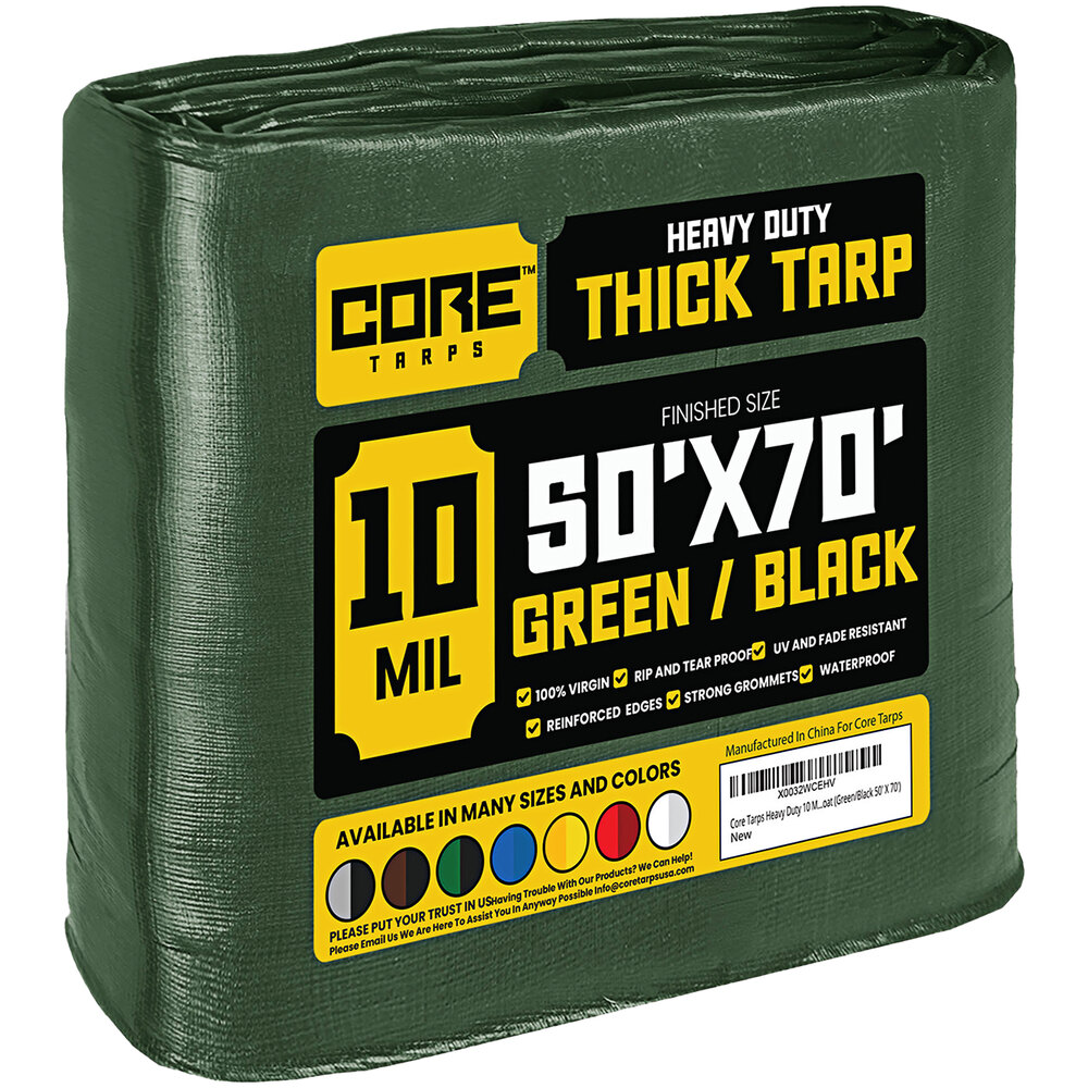 Core Tarps 50' x 70' Green / Black Heavy-Duty Weatherproof 10 Mil Poly Tarp with Reinforced Edges