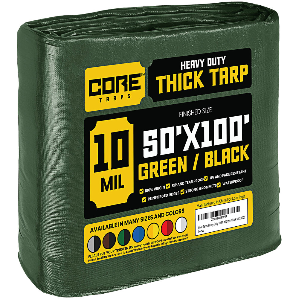 Core Tarps 50' x 100' Green / Black Heavy-Duty Weatherproof 10 Mil Poly Tarp with Reinforced Edges