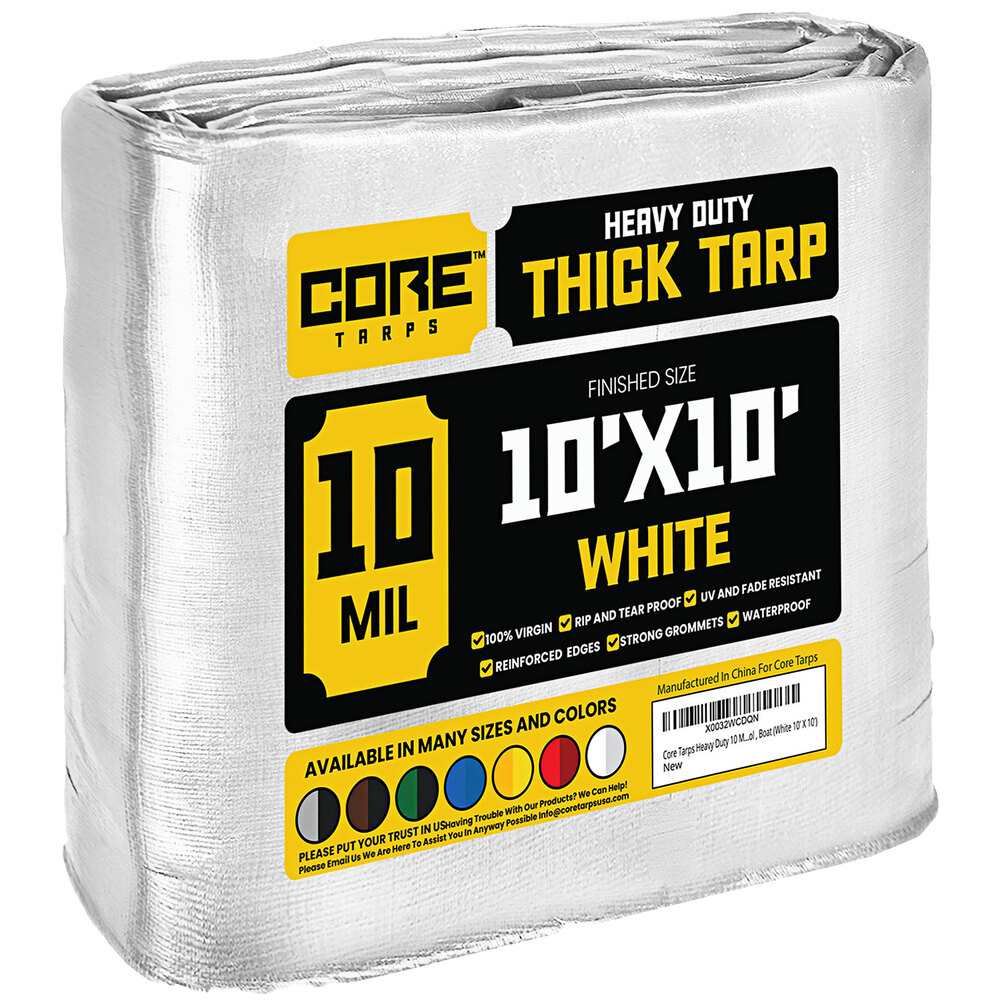 Core Tarps 10' x 10' White Heavy-Duty Weatherproof 10 Mil Poly Tarp with Reinforced Edges