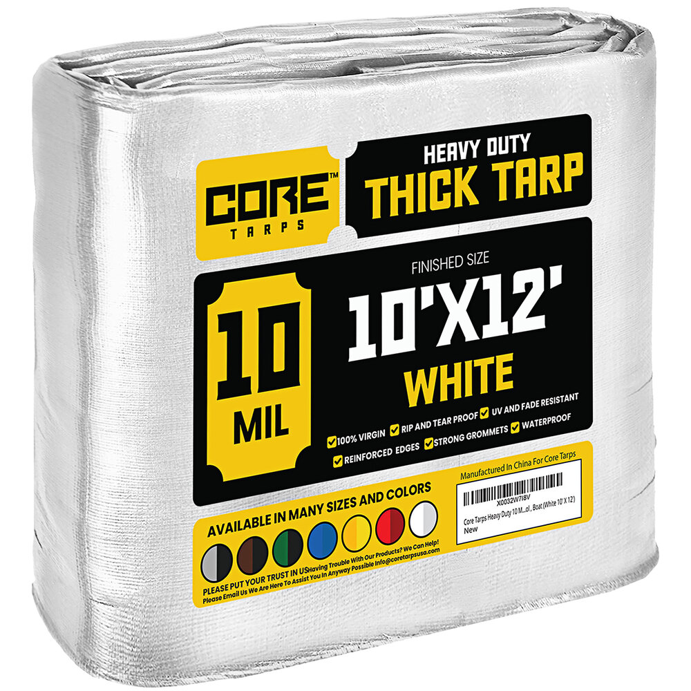 Core Tarps 10' x 12' White Heavy-Duty Weatherproof 10 Mil Poly Tarp with Reinforced Edges
