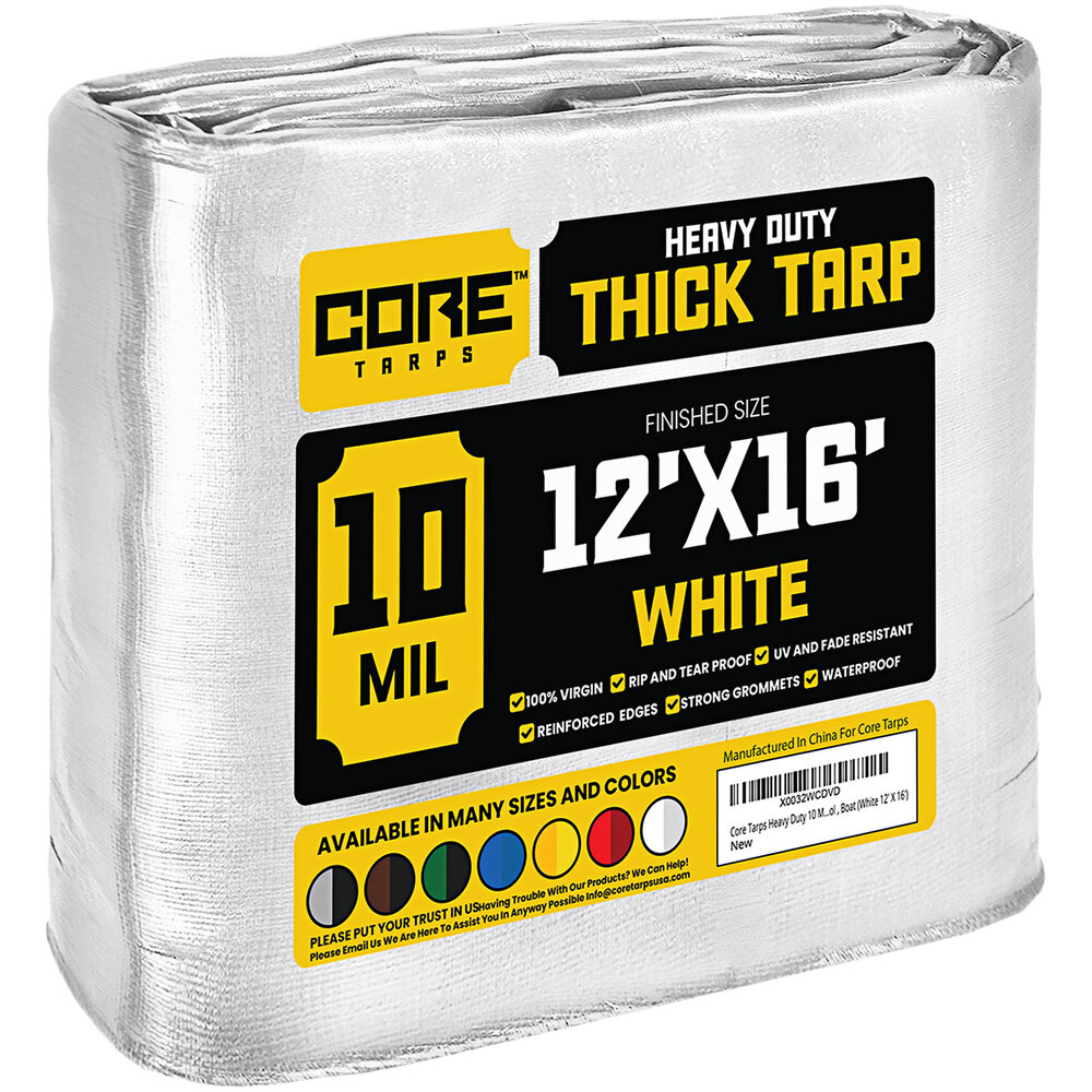 Core Tarps 12' x 16' White Heavy-Duty Weatherproof 10 Mil Poly Tarp with Reinforced Edges