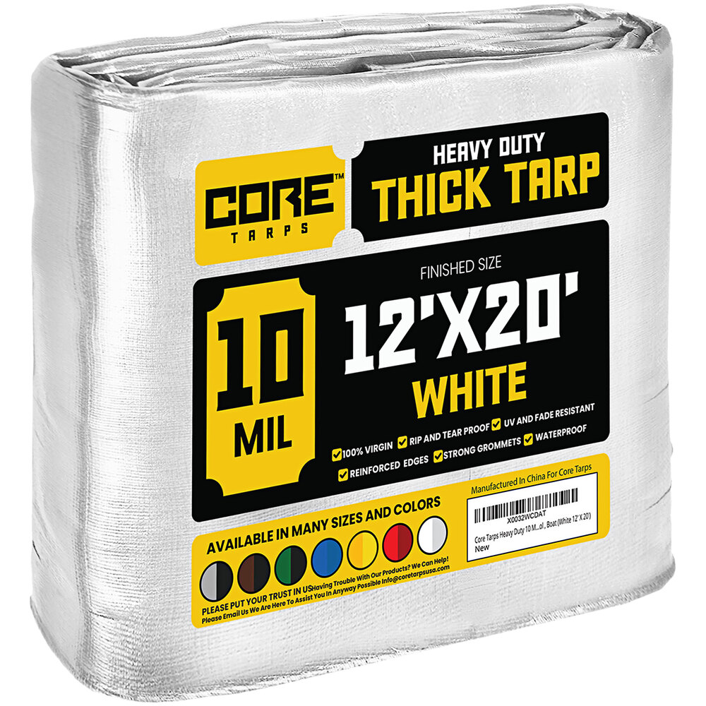Core Tarps 12' x 20' White Heavy-Duty Weatherproof 10 Mil Poly Tarp with Reinforced Edges