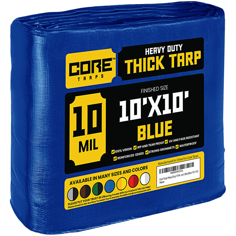 Core Tarps 10' x 10' Blue Heavy-Duty Weatherproof 10 Mil Poly Tarp with Reinforced Edges