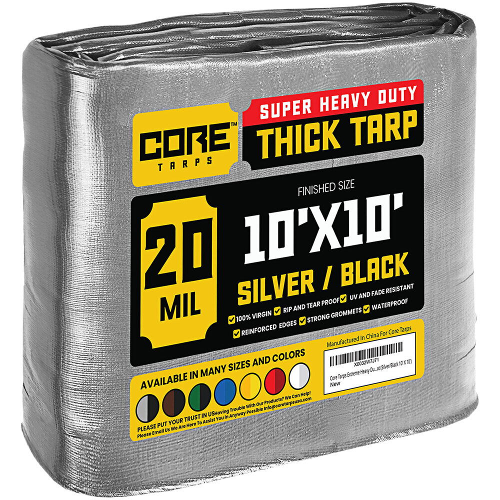 Core Tarps 10' x 10' Silver / Black Extreme Heavy-Duty Weatherproof 20 Mil Poly Tarp with Reinforced Edges