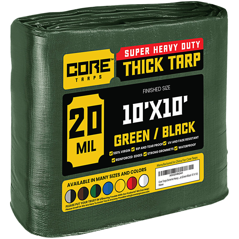 Core Tarps 10' x 10' Green / Black Extreme Heavy-Duty Weatherproof 20 Mil Poly Tarp with Reinforced Edges