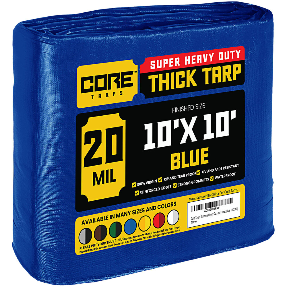Core Tarps 10' x 10' Blue Extreme Heavy-Duty Weatherproof 20 Mil Poly Tarp with Reinforced Edges