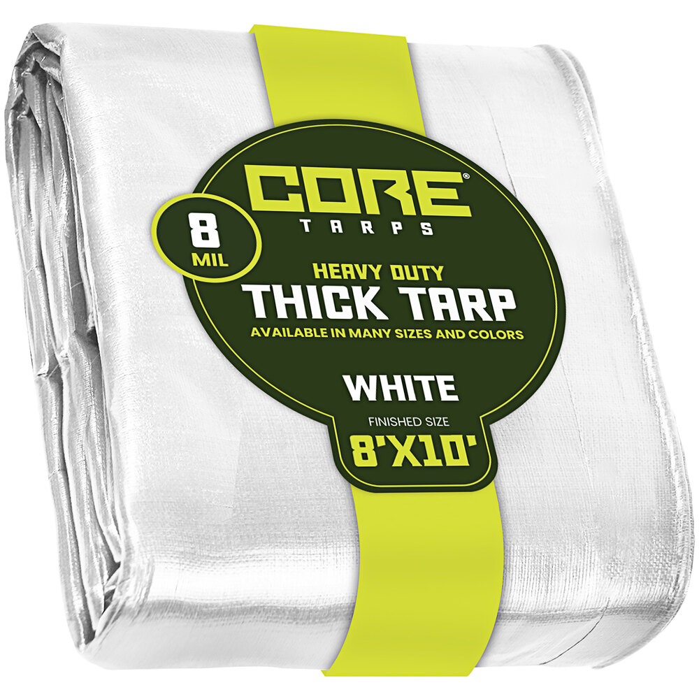 Core Tarps 8' x 10' White Heavy-Duty Weatherproof 8 Mil Poly Tarp with Reinforced Edges