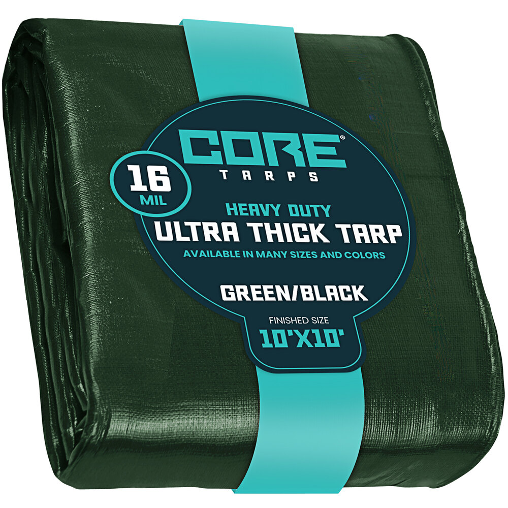 Core Tarps 10' x 10' Green / Black Extra Heavy-Duty Weatherproof 16 Mil Poly Tarp with Reinforced Edges