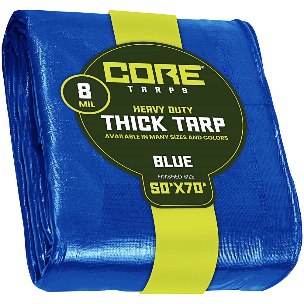 Core Tarps 50' x 70' Blue Heavy-Duty Weatherproof 8 Mil Poly Tarp with Reinforced Edges