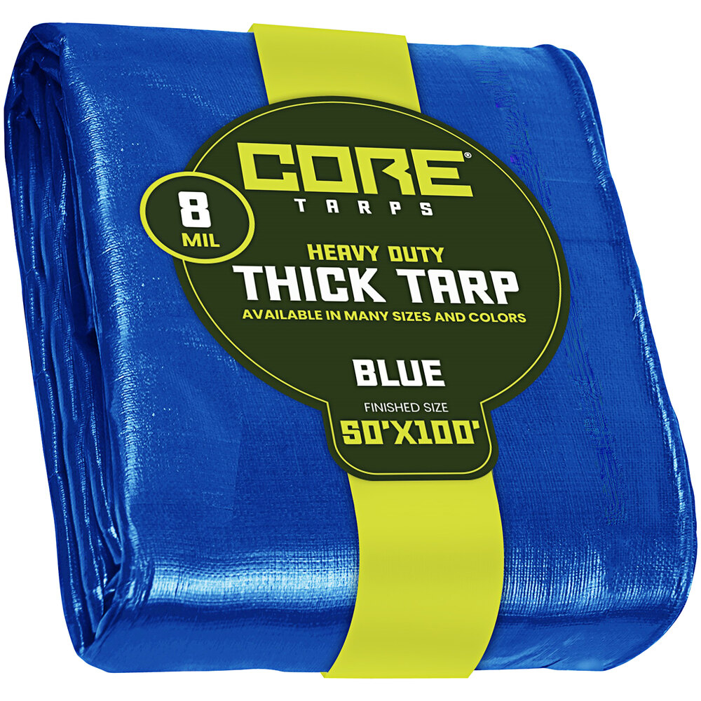 Core Tarps 50' x 100' Blue Heavy-Duty Weatherproof 8 Mil Poly Tarp with Reinforced Edges