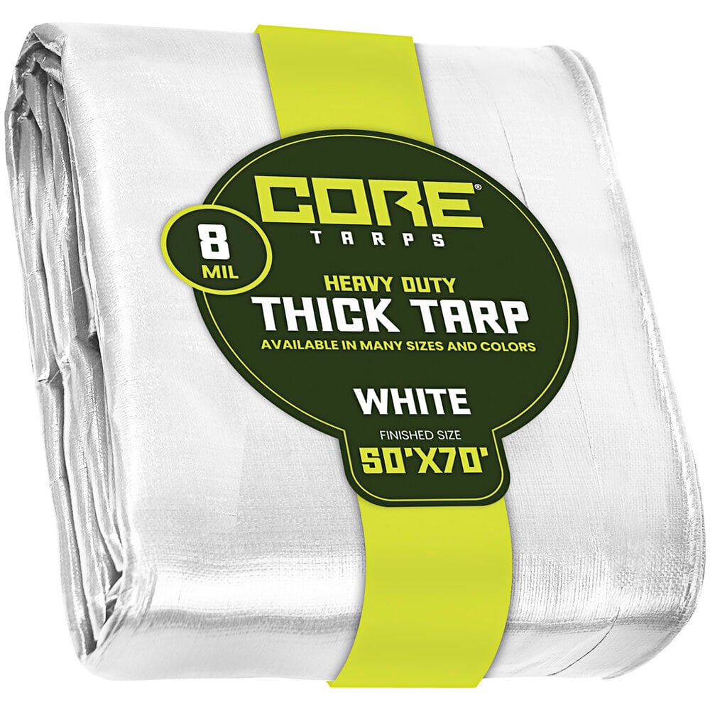 Core Tarps 50' x 70' White Heavy-Duty Weatherproof 8 Mil Poly Tarp with Reinforced Edges