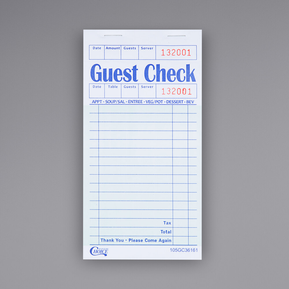 Choice 1 Part Green and White Guest Check with Top Guest Receipt  - 50/Case