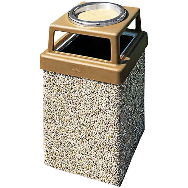 Wausau Tile TF1006 7 Gallon Concrete Square Decorative Outdoor Trash Can with Plastic 4-Way Lid and Ashtray
