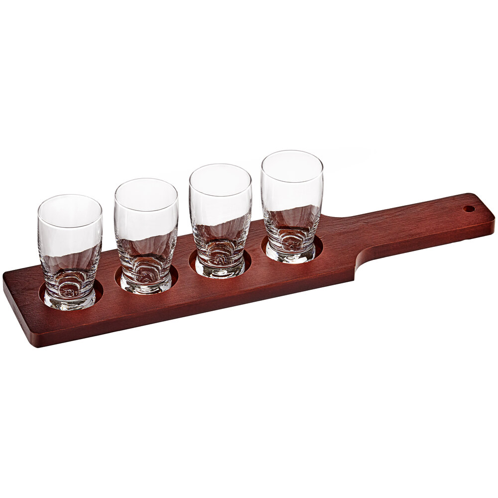 Acopa 18" Mahogany Finish Flight Paddle with Pub Tasting Glasses - 3/Set