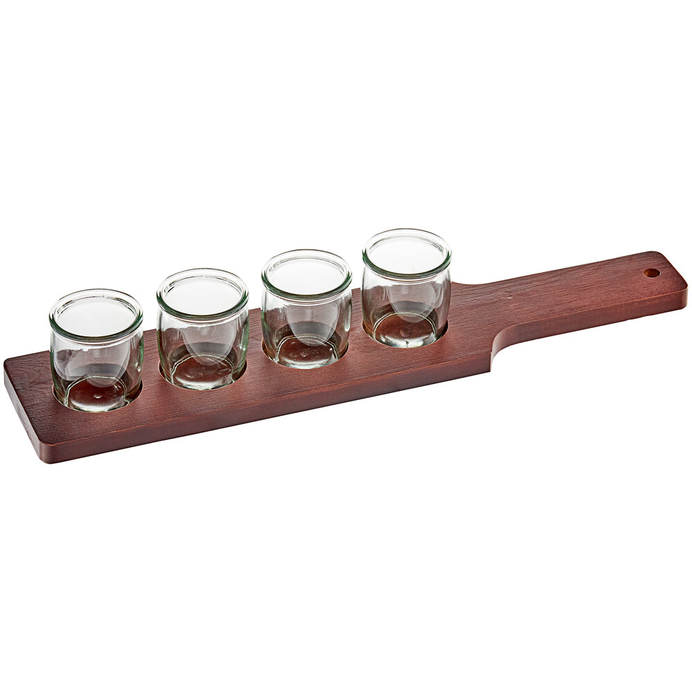 Acopa Mahogany Finish Drop-In Flight Paddle with Rounded Tasting Glasses - 3/Set