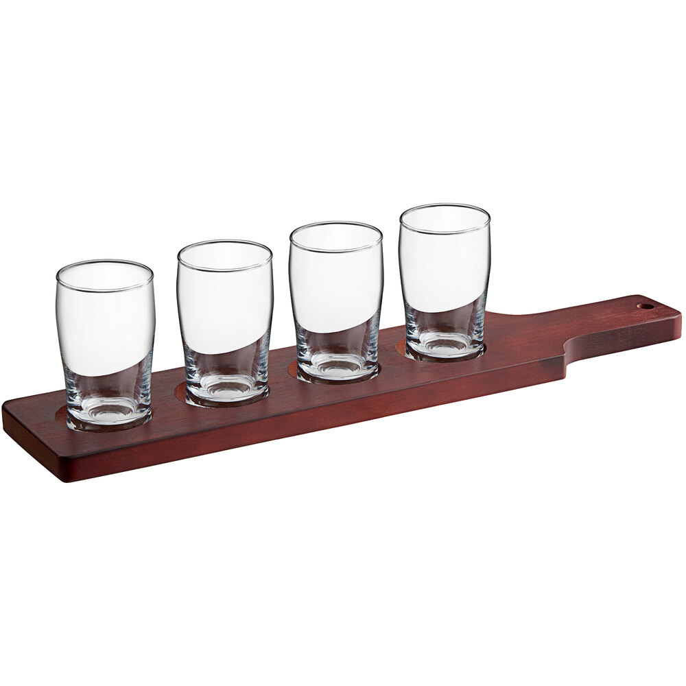Acopa Mahogany Finish Drop-In Flight Paddle with Pub Tasting Glasses - 3/Set