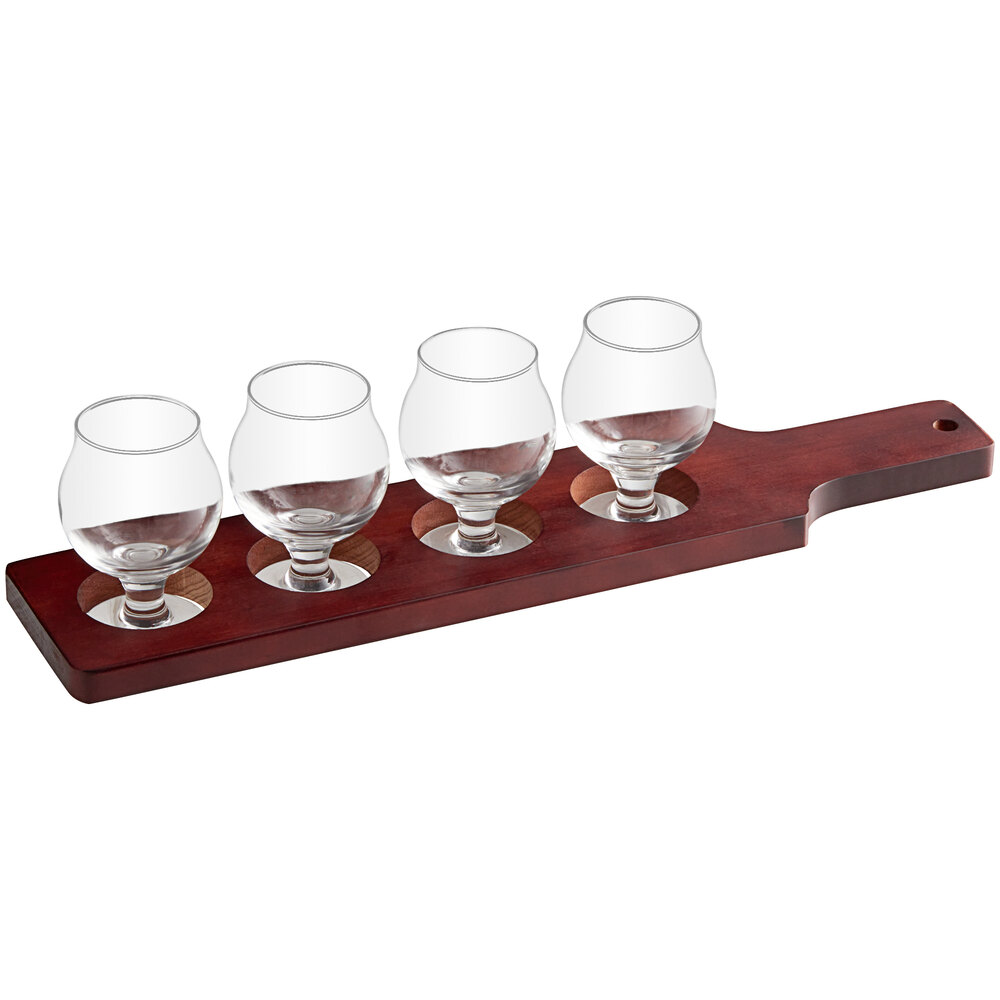 Acopa Mahogany Finish Drop-In Flight Paddle with Belgian Tasting Glasses - 3/Set
