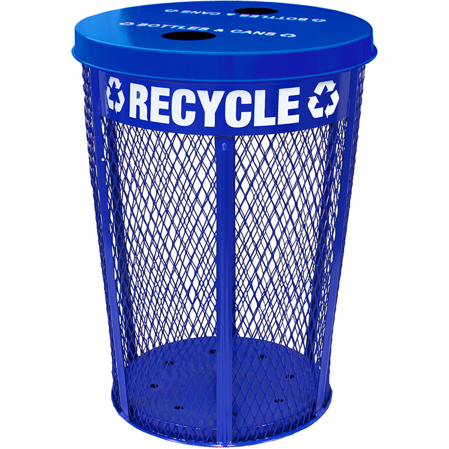 Witt Industries EXP-52NPBL-FTR 48 Gallon Blue Steel Mesh Round Outdoor Recycling Bin with Two Hole Flat Top Lid