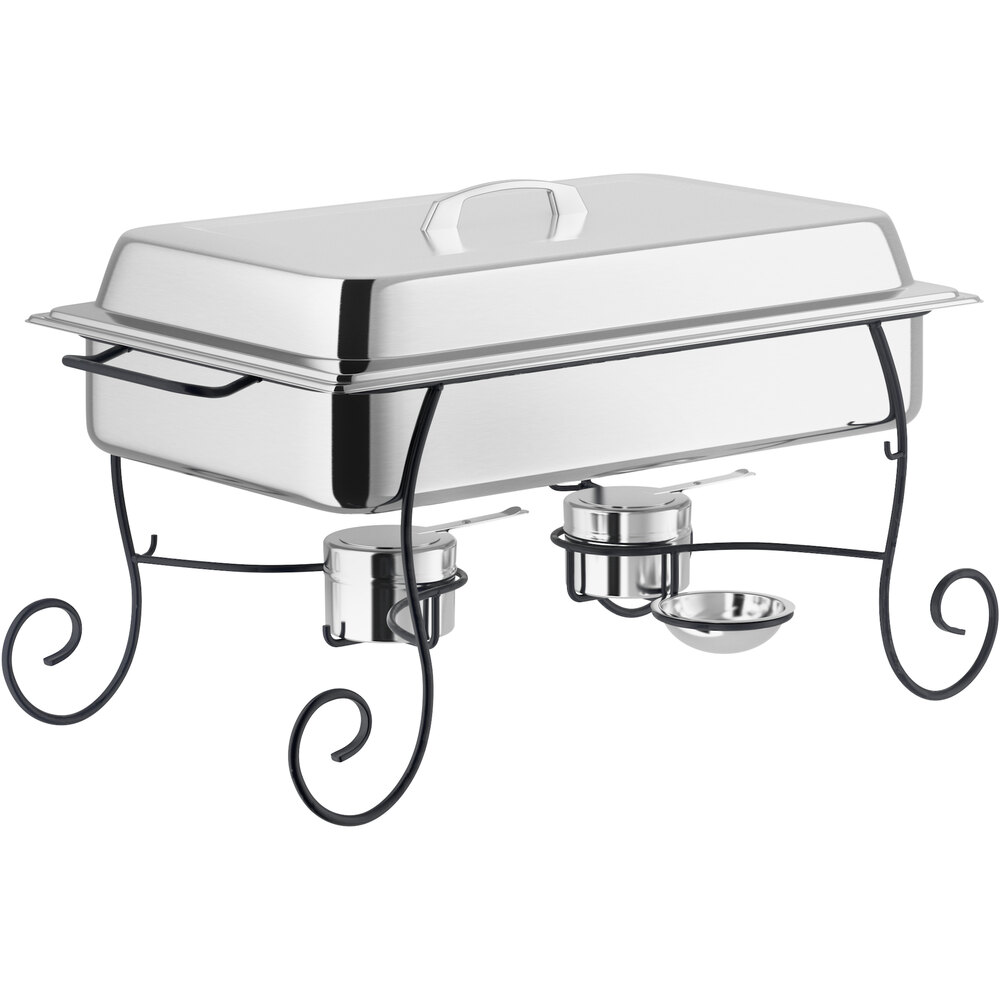 Choice 8 Qt. Full Size Chafer with Black Wrought Iron Stand and Stainless Steel Lid Handle