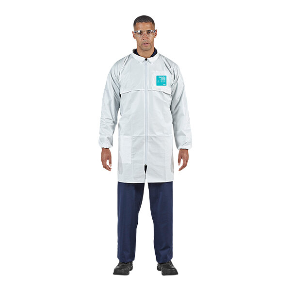 Ansell AlphaTec® 68-2000 Model 209 White Microporous Polyethylene Zipper Front Lab Coat with 2 Pockets - Medium - 30/Case