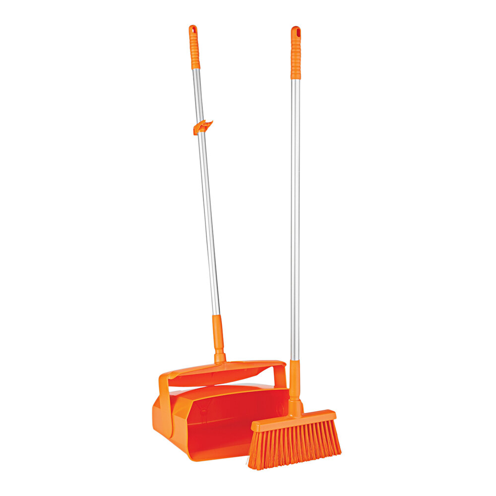 Vikan 62507 14" Orange Lobby Broom with 37" Handle and Dustpan