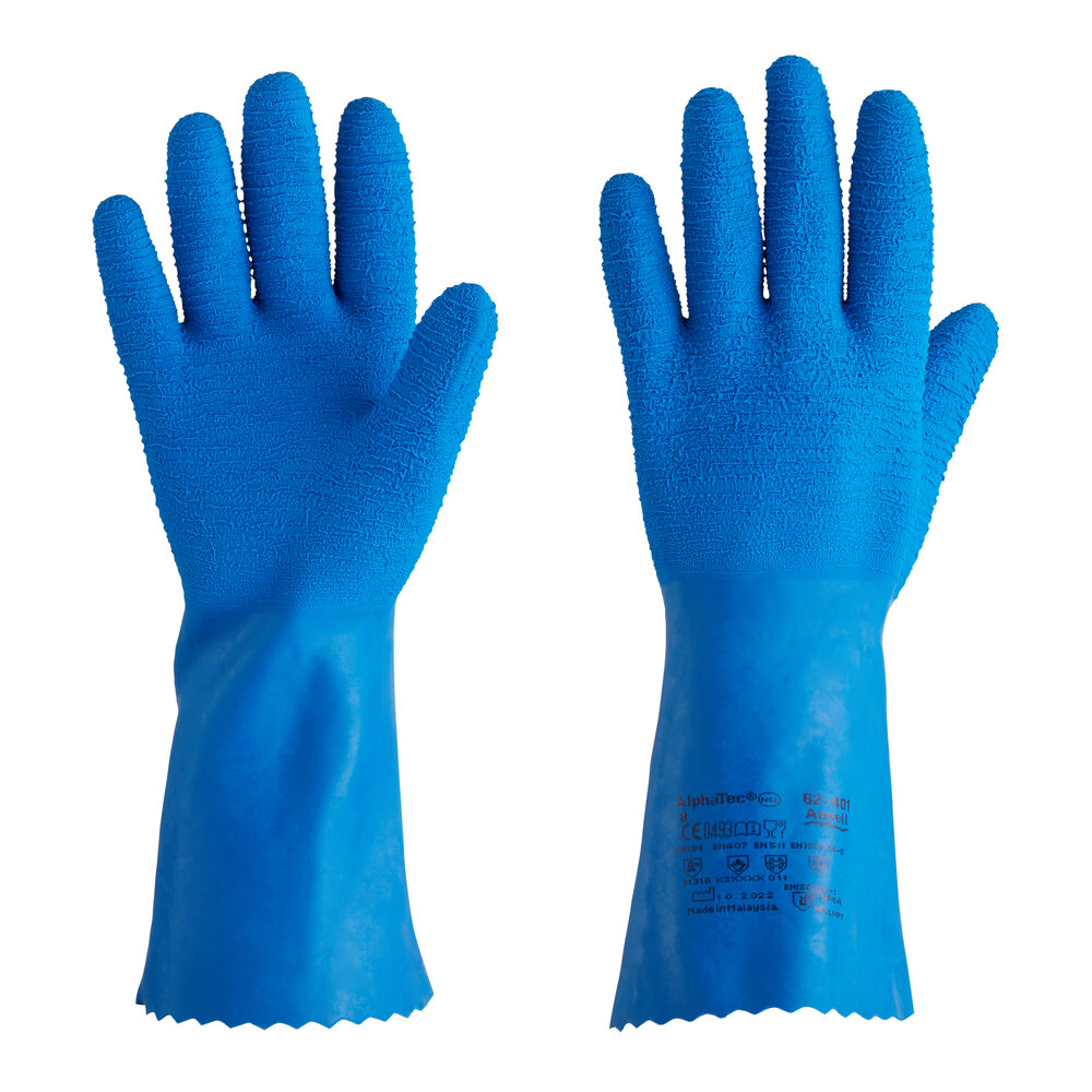 Ansell AlphaTec® 62-401 13" Blue Supported Crinkle Finish Natural Latex Rubber Gloves with Cotton Liner - Large - Pair - 6/Pack