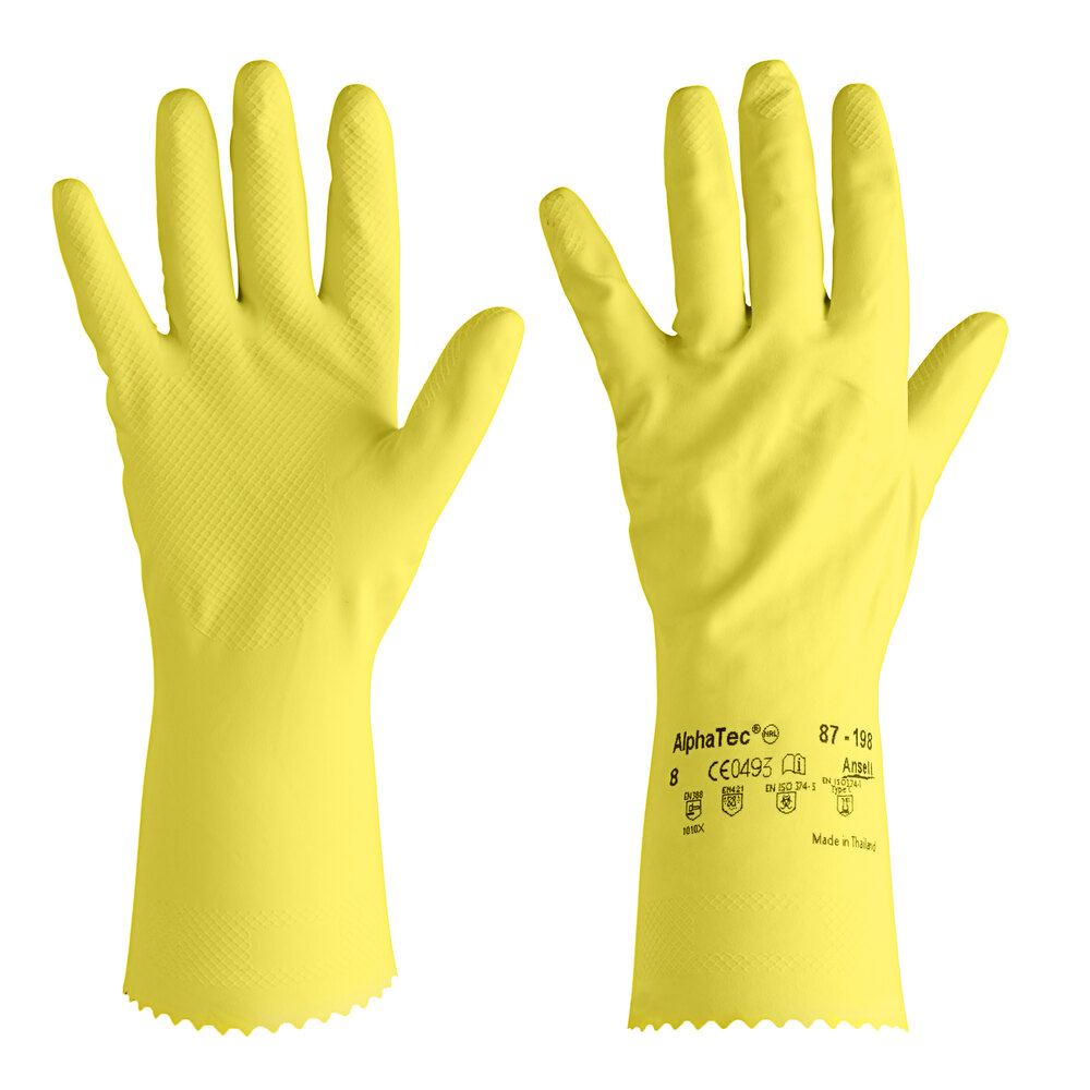 Ansell AlphaTec® 87-198 12" Yellow 16 Mil Unsupported Fish Scale Grip Natural Latex Rubber Gloves with Cotton Flock Lining - Extra Large - Pair - 12/Pack