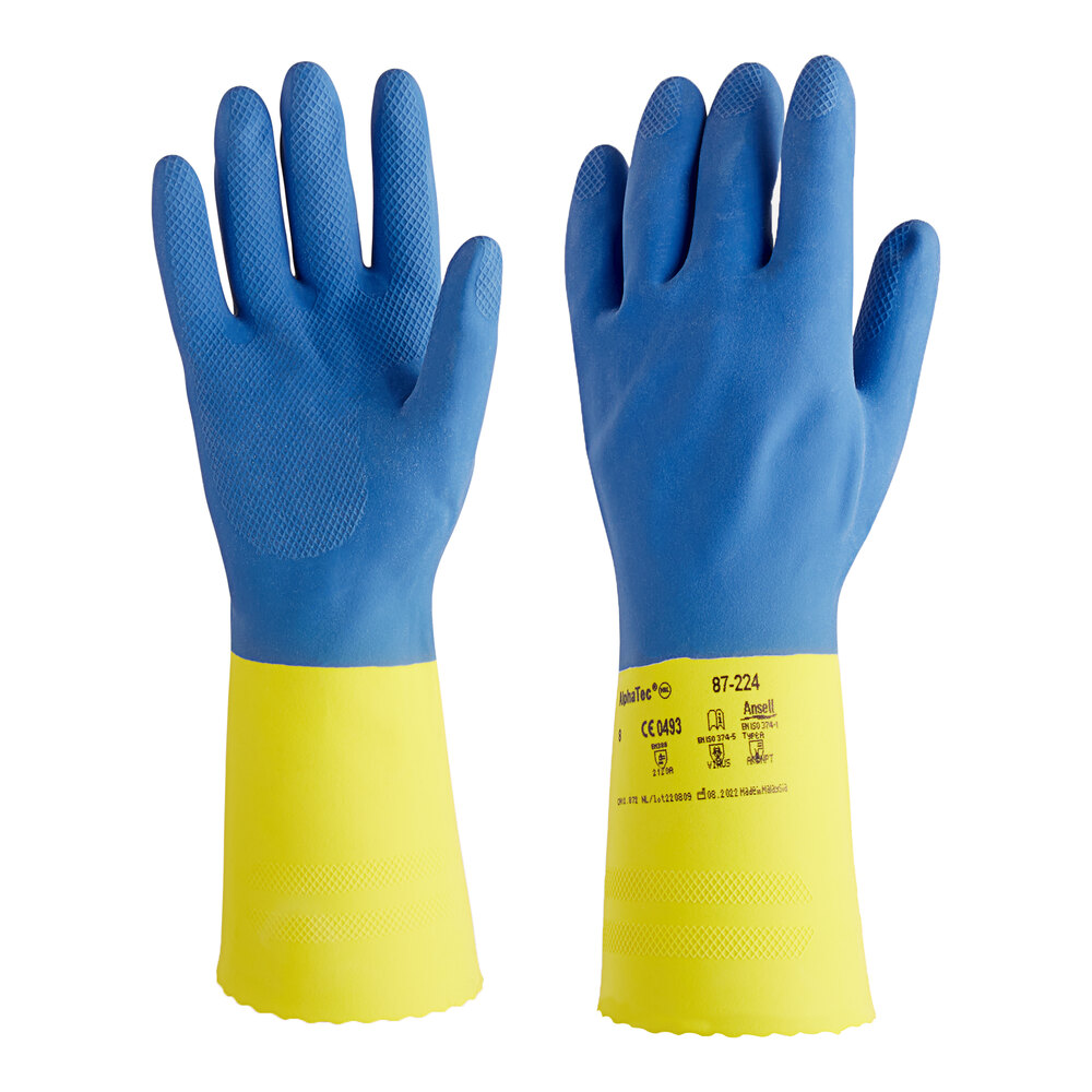 Ansell AlphaTec® 87-224 13" Blue / Yellow 27 Mil Unsupported Reversed Lozenge Grip Natural Latex Rubber and Neoprene Blend Gloves with Cotton Flock Lining - Large - Pair - 12/Pack