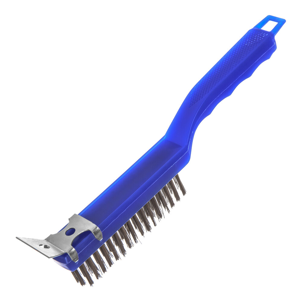 Carlisle Sparta 4067200 11 1/2" Blue Utility Scratch Brush with Stainless Steel Bristles and Scraper