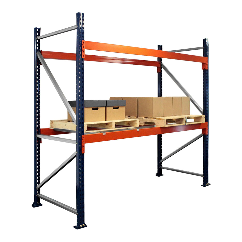 Interlake Mecalux 96" x 42" x 144" Blue / Orange Heavy-Duty Bolted Teardrop Pallet Rack Starter 3141444240E96S - 5,370 lb. Individual Shelf Capacity