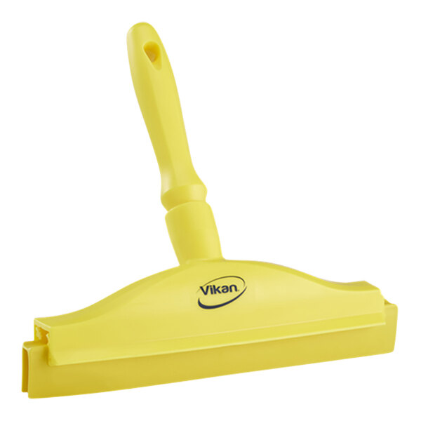 Vikan 77116 9 13/16" Yellow Ultra-Hygienic Double Blade Rubber Hand Squeegee with Plastic Frame and Replacement Cassette