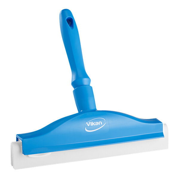 Vikan 77513 9 13/16" Blue Double Blade Rubber Hand Squeegee with Plastic Frame and Replacement Cassette