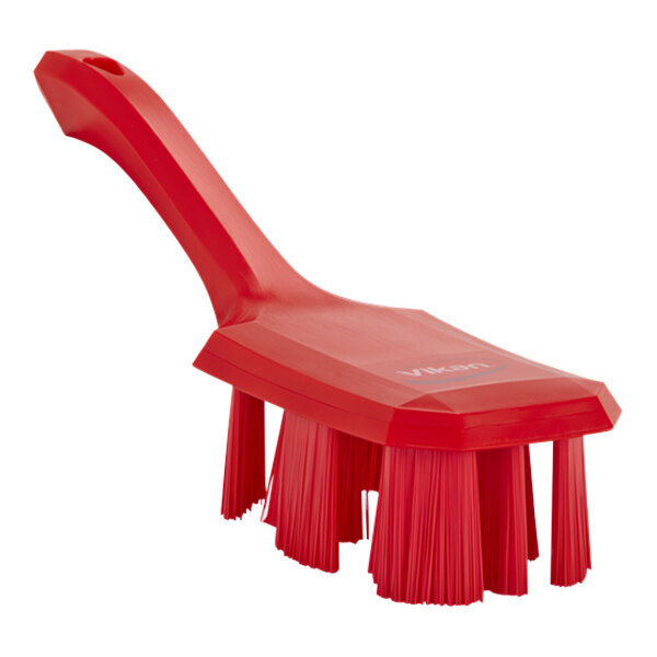 Vikan Ultra Safe Technology 41794 10 3/16" Red Hand Brush with Short Handle and Stiff Bristles