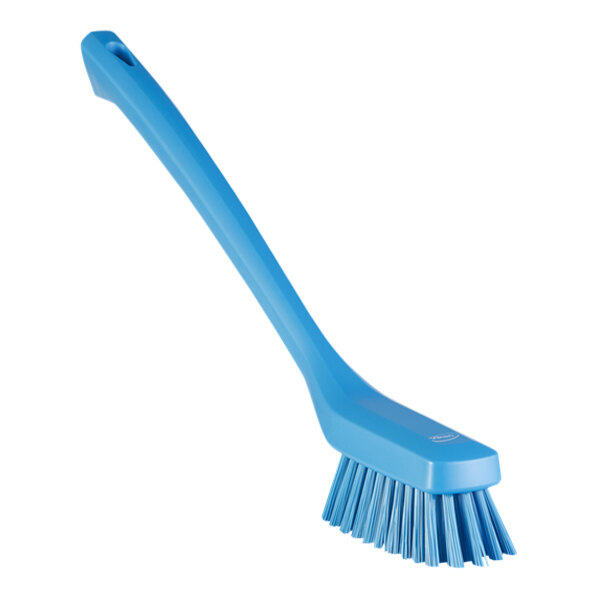 Vikan 41853 16 1/2" Blue Narrow Cleaning Brush with Long Handle and Stiff Bristles