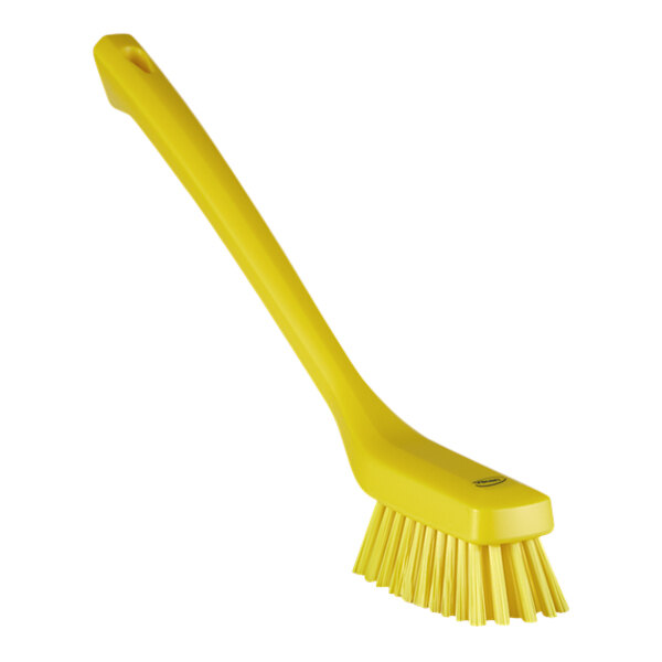 Vikan 41856 16 1/2" Yellow Narrow Cleaning Brush with Long Handle and Stiff Bristles