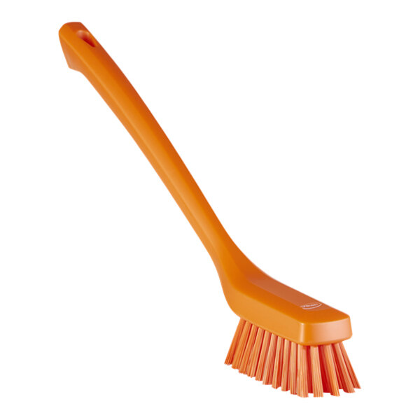 Vikan 41857 16 1/2" Orange Narrow Cleaning Brush with Long Handle and Stiff Bristles