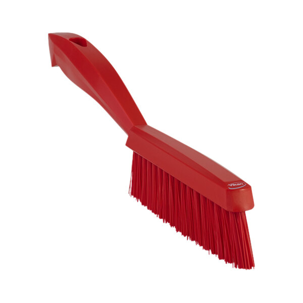 Vikan 41954 11 13/16" Red Narrow Hand Brush with Short Handle and Extra Stiff Bristles