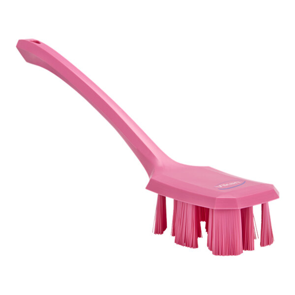 Vikan Ultra Safe Technology 41961 15 5/8" Pink Hand Brush with Long Handle and Stiff Bristles