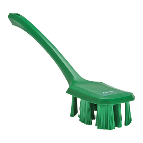 Vikan Ultra Safe Technology 41962 15 5/8" Green Hand Brush with Long Handle and Stiff Bristles