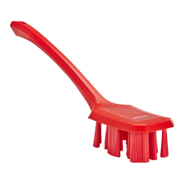 Vikan Ultra Safe Technology 41964 15 5/8" Red Hand Brush with Long Handle and Stiff Bristles