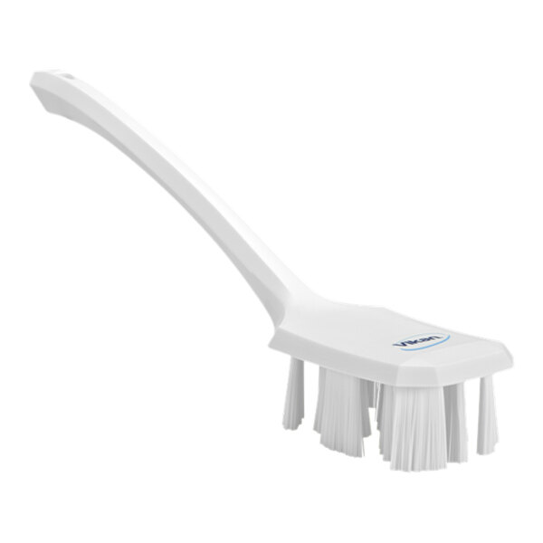 Vikan Ultra Safe Technology 41965 15 5/8" White Hand Brush with Long Handle and Stiff Bristles